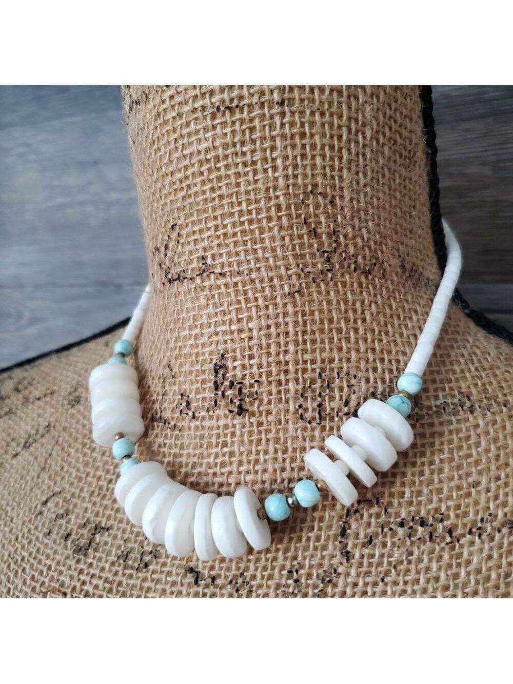 Ceramic Beaded Choker Necklace White and Blue